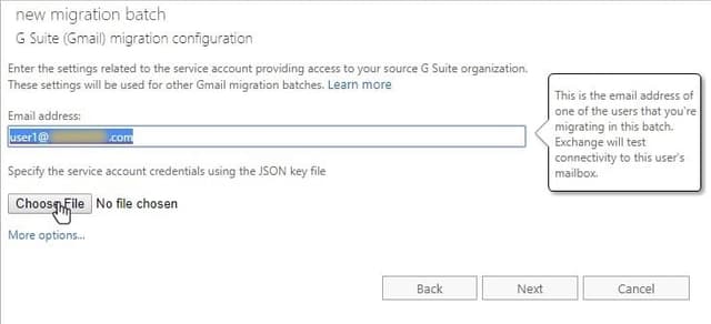 G Suite to Office 365 migration setup: service account email and JSON key file