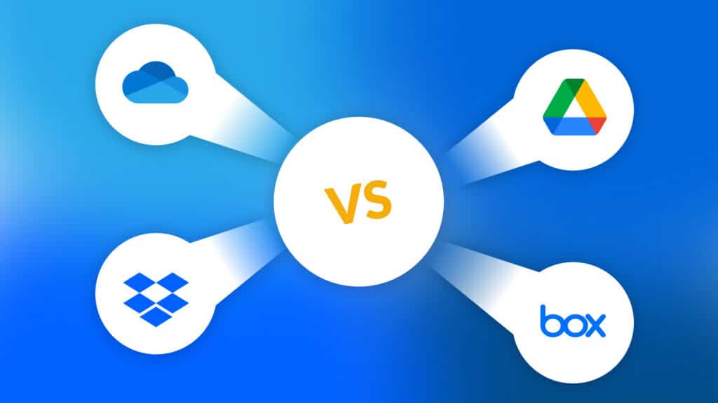 Cloud storage comparison: Google Drive, Dropbox, Box, and OneDrive icons vs center