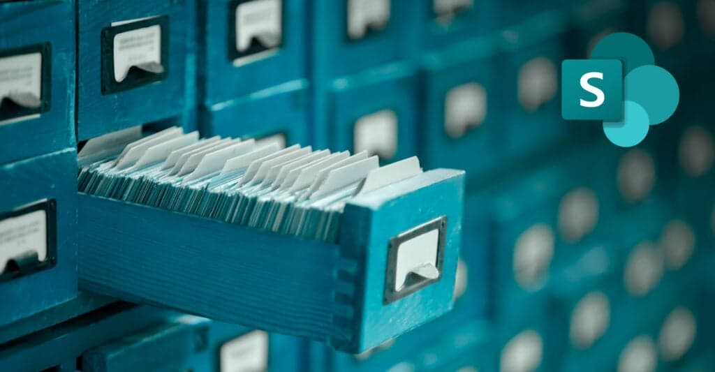 Organized card catalog with SharePoint logo, representing data storage and backup