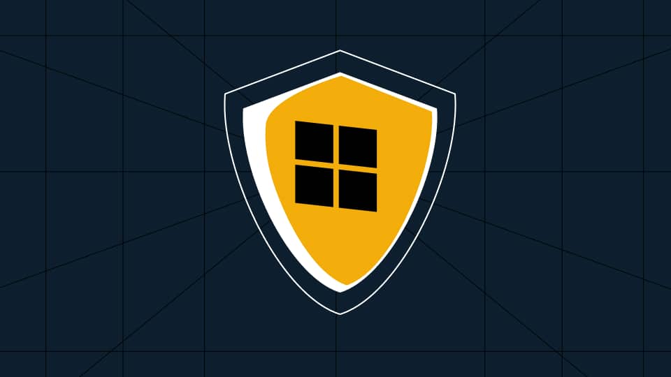 Shield icon with a stylized house shape and four black squares inside