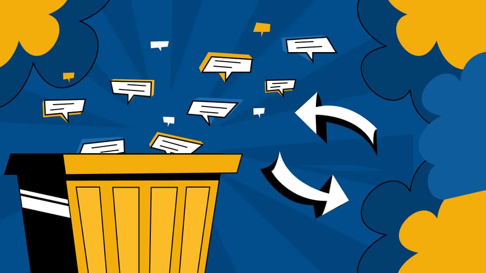 Speech bubbles flying into trash bin with recycling arrows