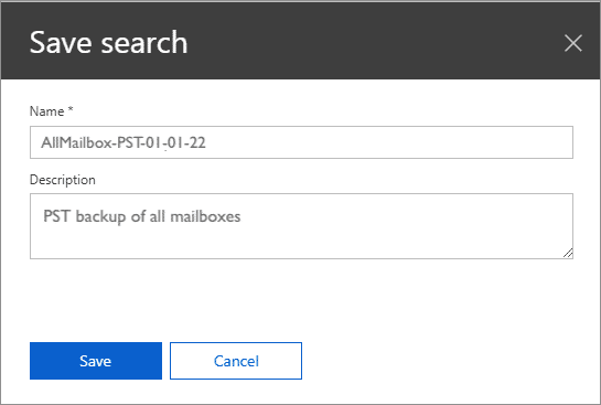 Save search for Office365 mailbox PST backup