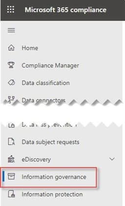 Microsoft 365 compliance menu highlighting Information governance
