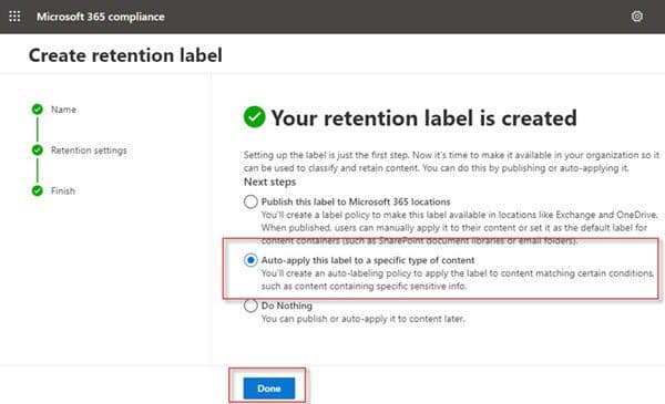 Microsoft 365 retention label auto-apply settings