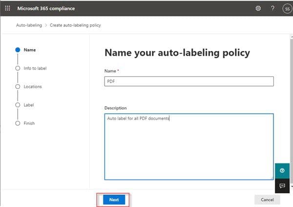 Microsoft 365 auto-labeling policy creation: naming policy for PDF documents