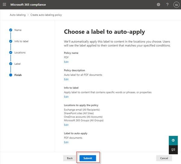 Microsoft 365 auto-labeling policy creation screen with PDF document settings
