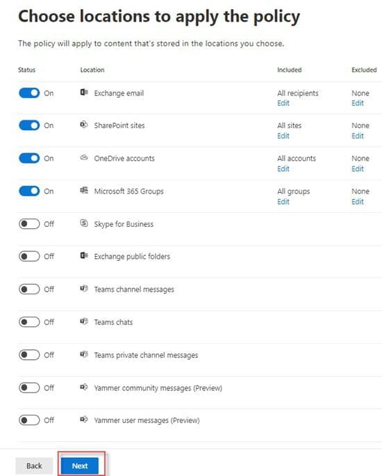 Microsoft 365 retention policy locations: Exchange, SharePoint, OneDrive, Groups, Skype, Teams, Yammer