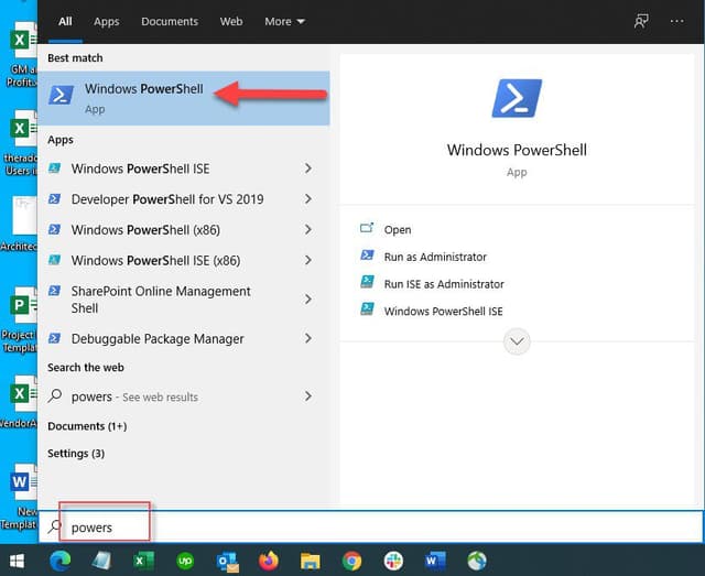 Windows PowerShell search results, highlight Run as Administrator