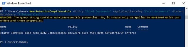 PowerShell command creating Excel document retention policy with filetype xlsx