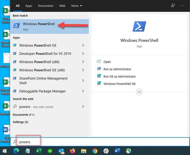Windows PowerShell search result highlighted in Windows search bar