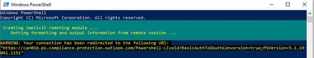 PowerShell output shows redirection warning with remote URI