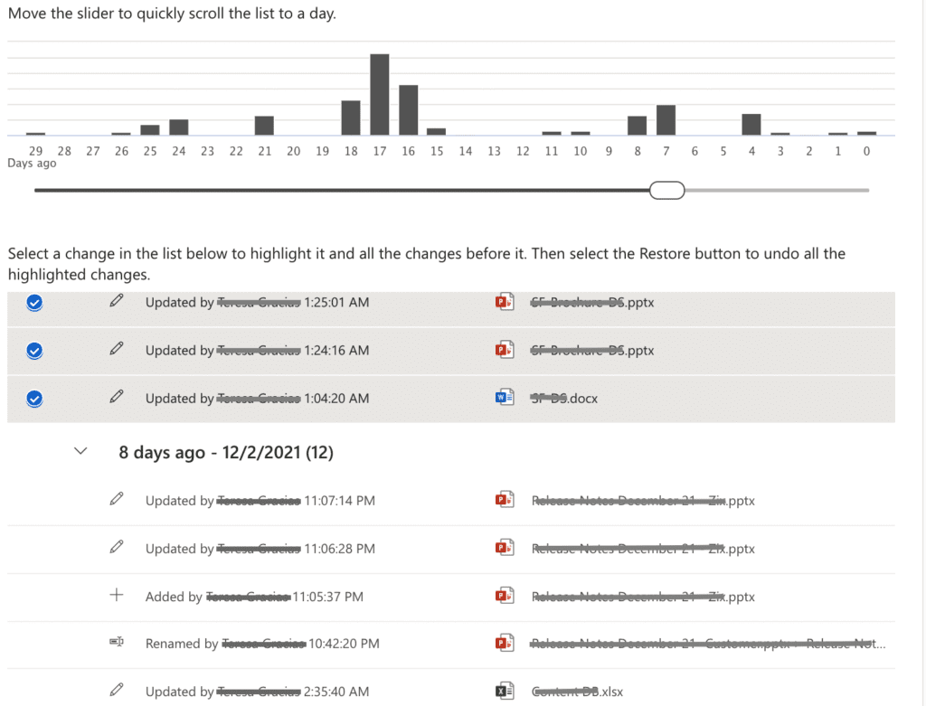 OneDrive file version history restore for overwritten documents