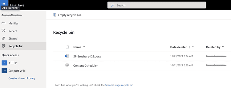 OneDrive recycle bin showing deleted files and recovery options