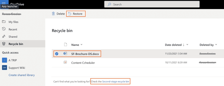 Restore deleted OneDrive files from Recycle Bin