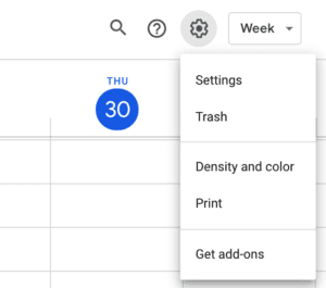 Google Calendar settings menu showing trash for event recovery