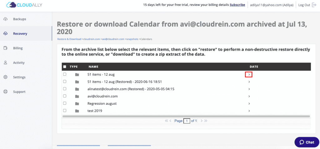 Cloudally recovery interface: restoring Google Calendar archive at Jul 13, 2020