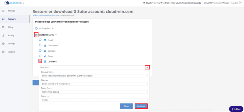 Cloudally G Suite restore: Item search for calendars