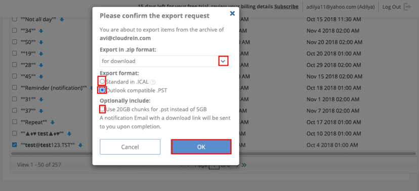 Confirm Google Calendar export to PST format for backup