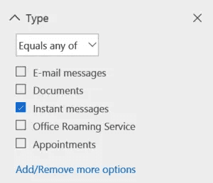 MS Teams instant message recovery filter selected for recovery