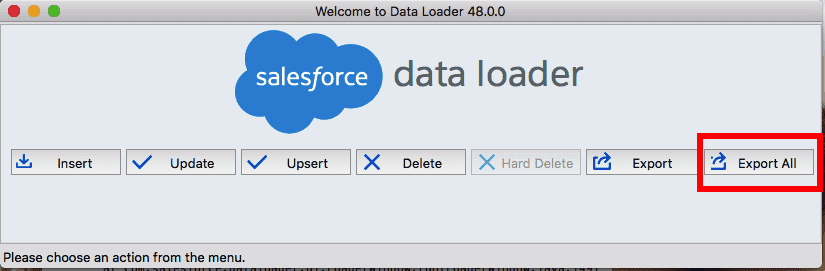 Salesforce Data Loader export all button highlighted