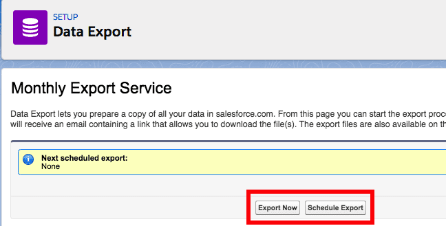 Salesforce Data Export setup screen for monthly exports
