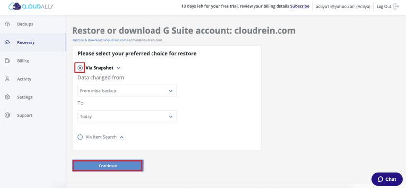 Cloudally G Suite recovery: Select restore via snapshot