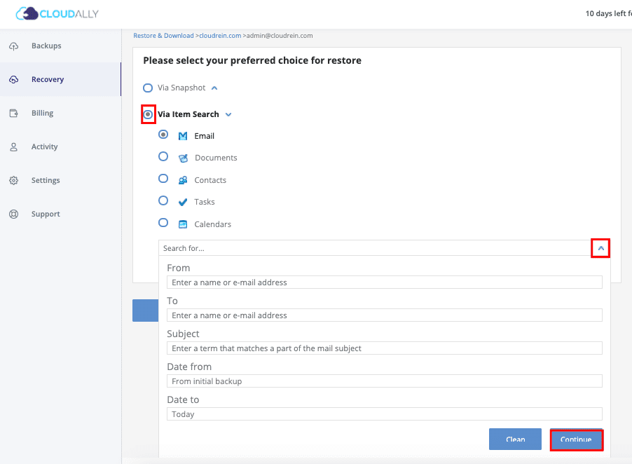 Cloudally: Select Gmail item search for granular restore