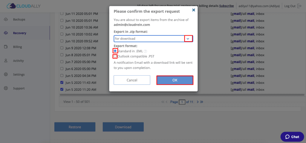 Cloudally Gmail export confirmation: select .zip format and .EML or .PST