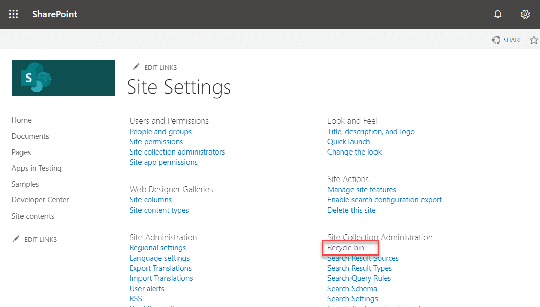 SharePoint site settings: Access Recycle Bin for second-stage recovery