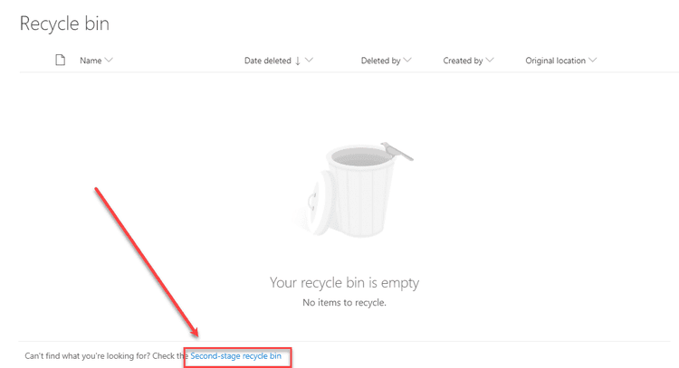 Empty recycle bin with link to second-stage recycle bin for data recovery