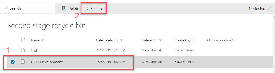Restore CRM Development folder from second stage recycle bin