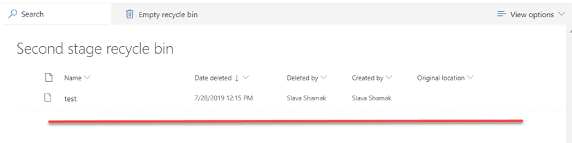 SharePoint Second Stage Recycle Bin showing deleted test file