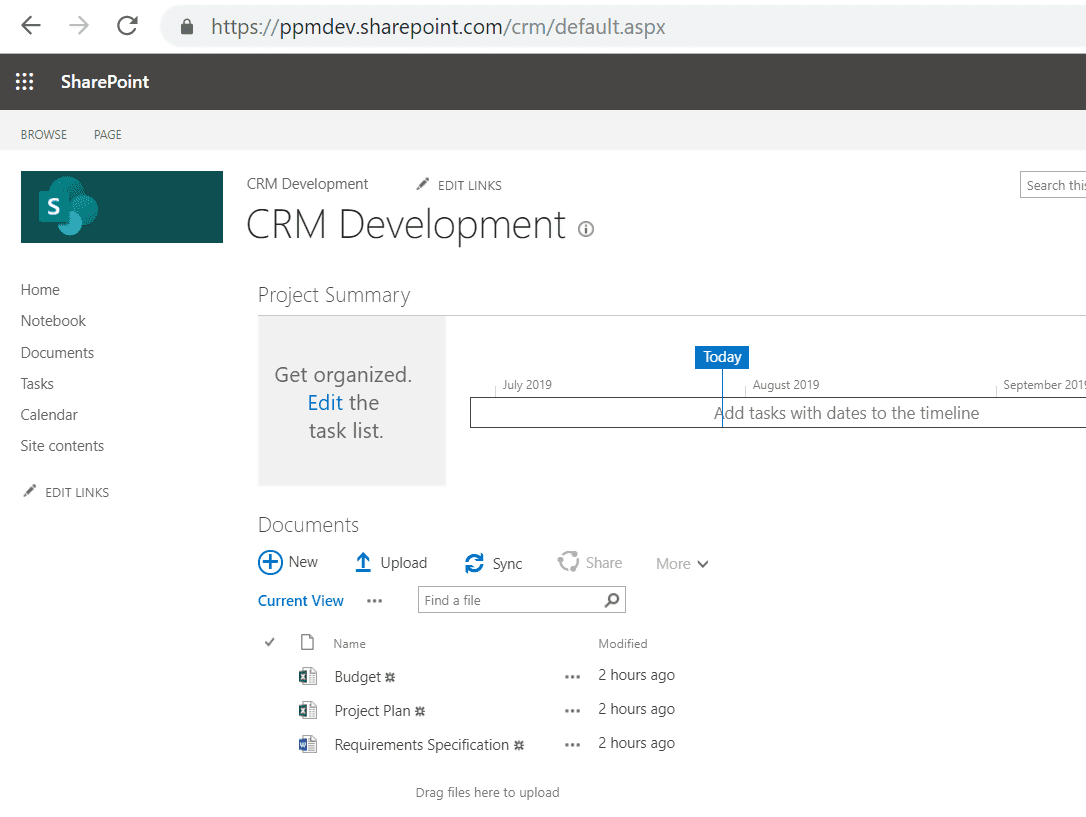 SharePoint CRM project site with task list and document library displayed