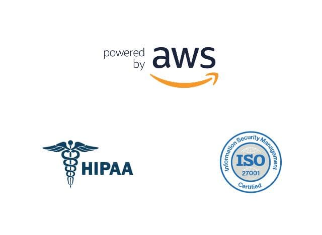 Logos for: ISO270001, Amazon Web Services, and HIPAA compliance.