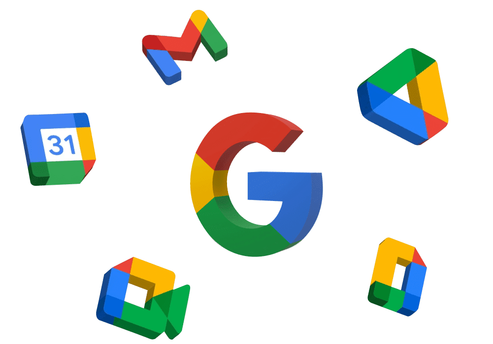 Google Workspace icons including Gmail, Drive, Calendar, and Docs around the Google logo on a light background.