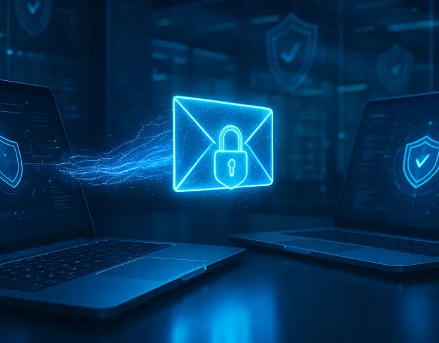 Color illustration of locked email floating off laptop PC screen.