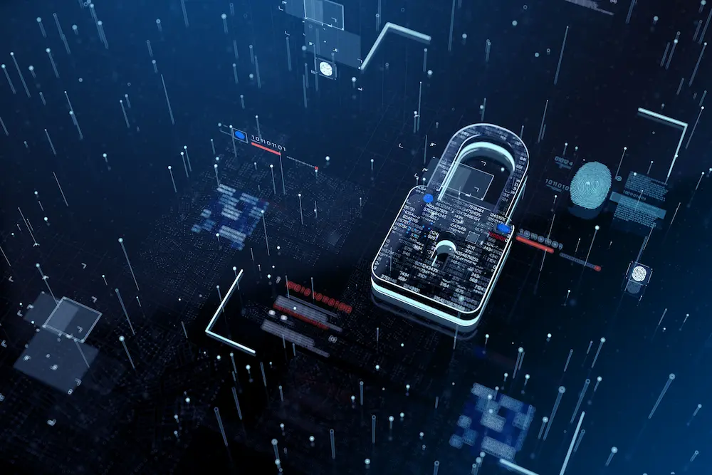 Color illustration of a lock surrounded by digital code.