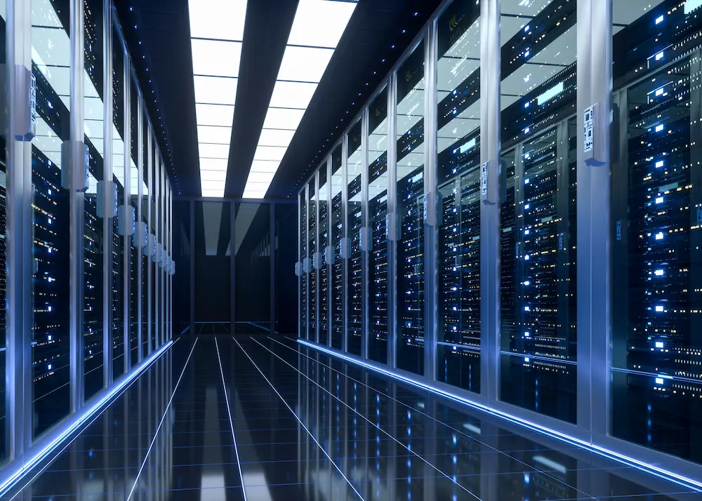 Stacks of computer servers in a data center.