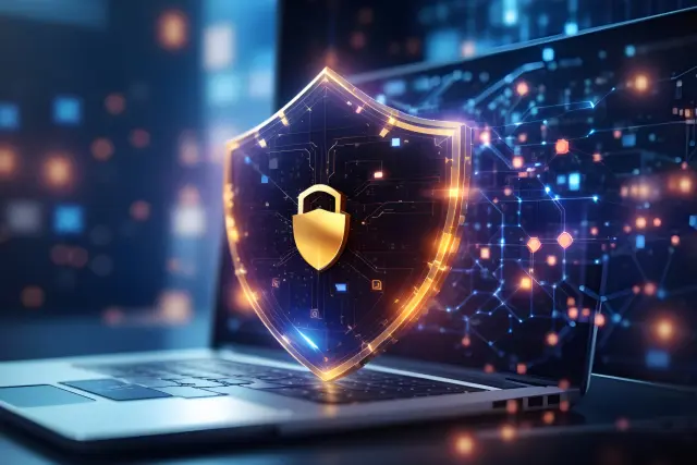 Color photo illustration of digital shield hovering over laptop PC.