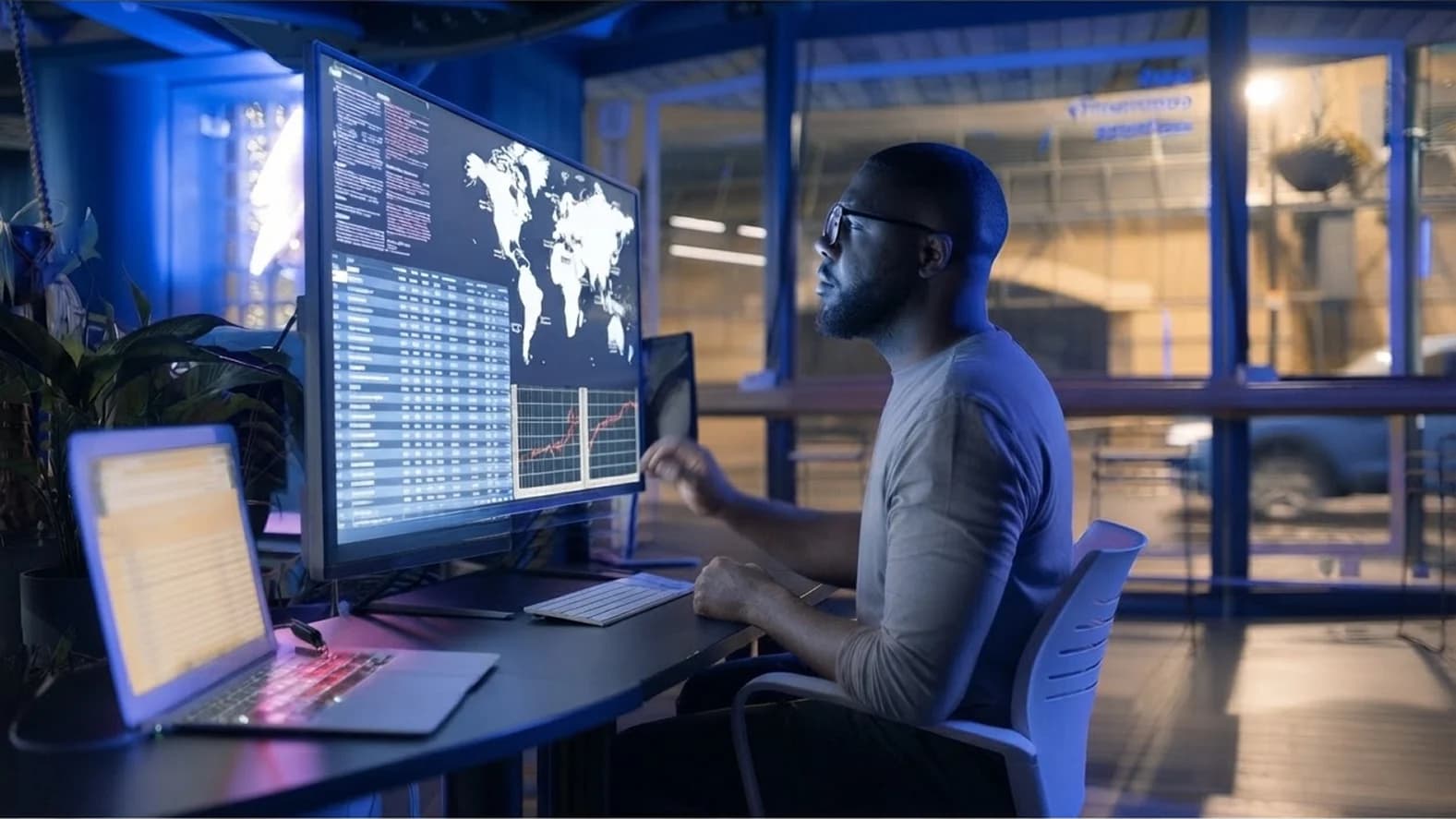 Man looks at a large screen in a cybersecurity facility