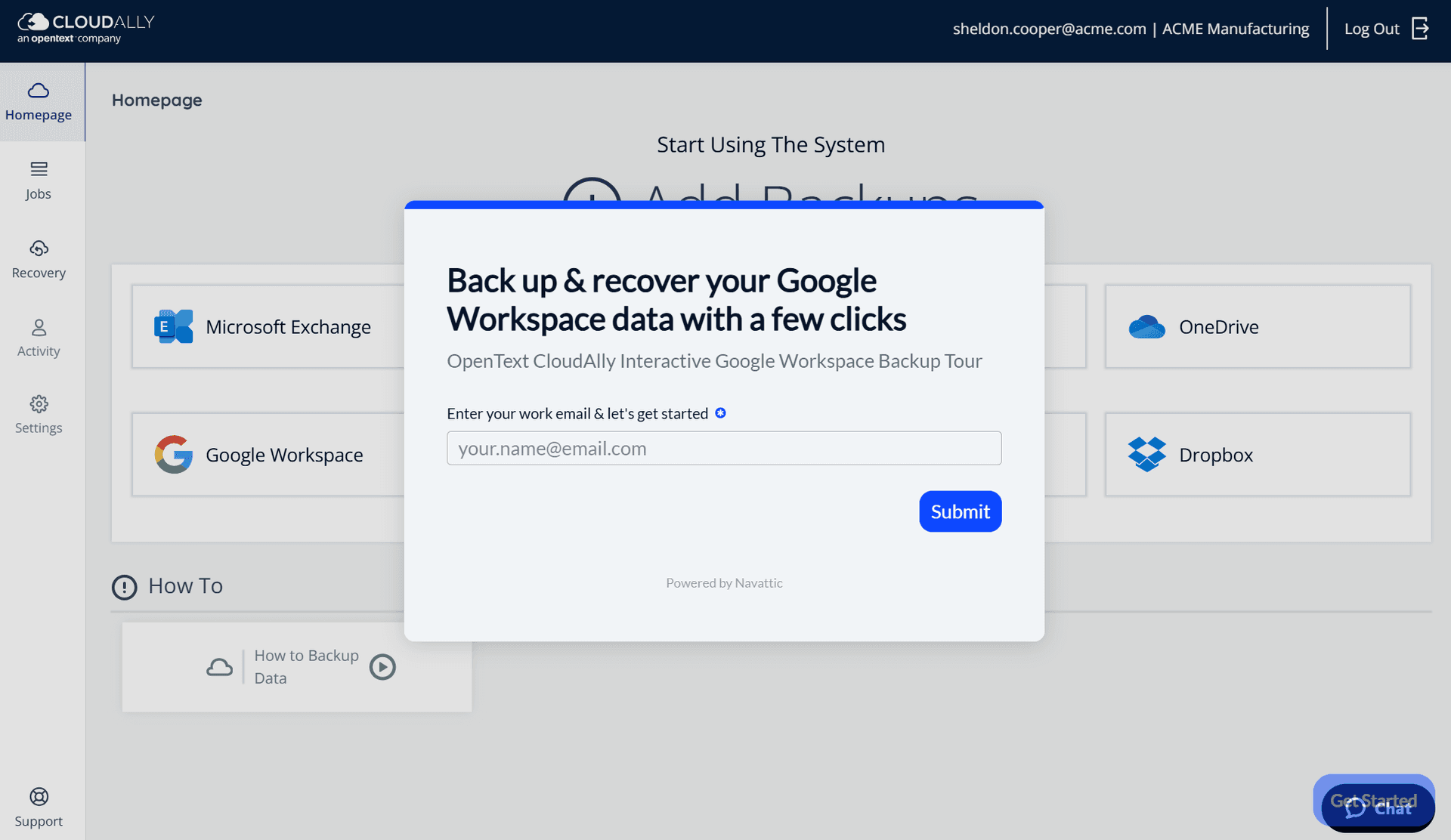 Interface CloudAlly affichant la configuration de la sauvegarde et de la restauration Google Workspace avec un formulaire de saisie d'adresse e-mail.
