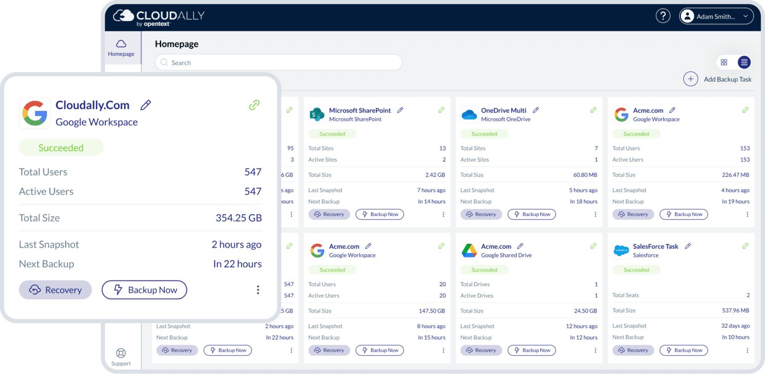Tableau de bord CloudAlly affichant les détails et l'état des sauvegardes Google Workspace pour plusieurs applications SaaS.